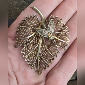Vintage Sterling "Fly On A Leaf" Filigree Brooch